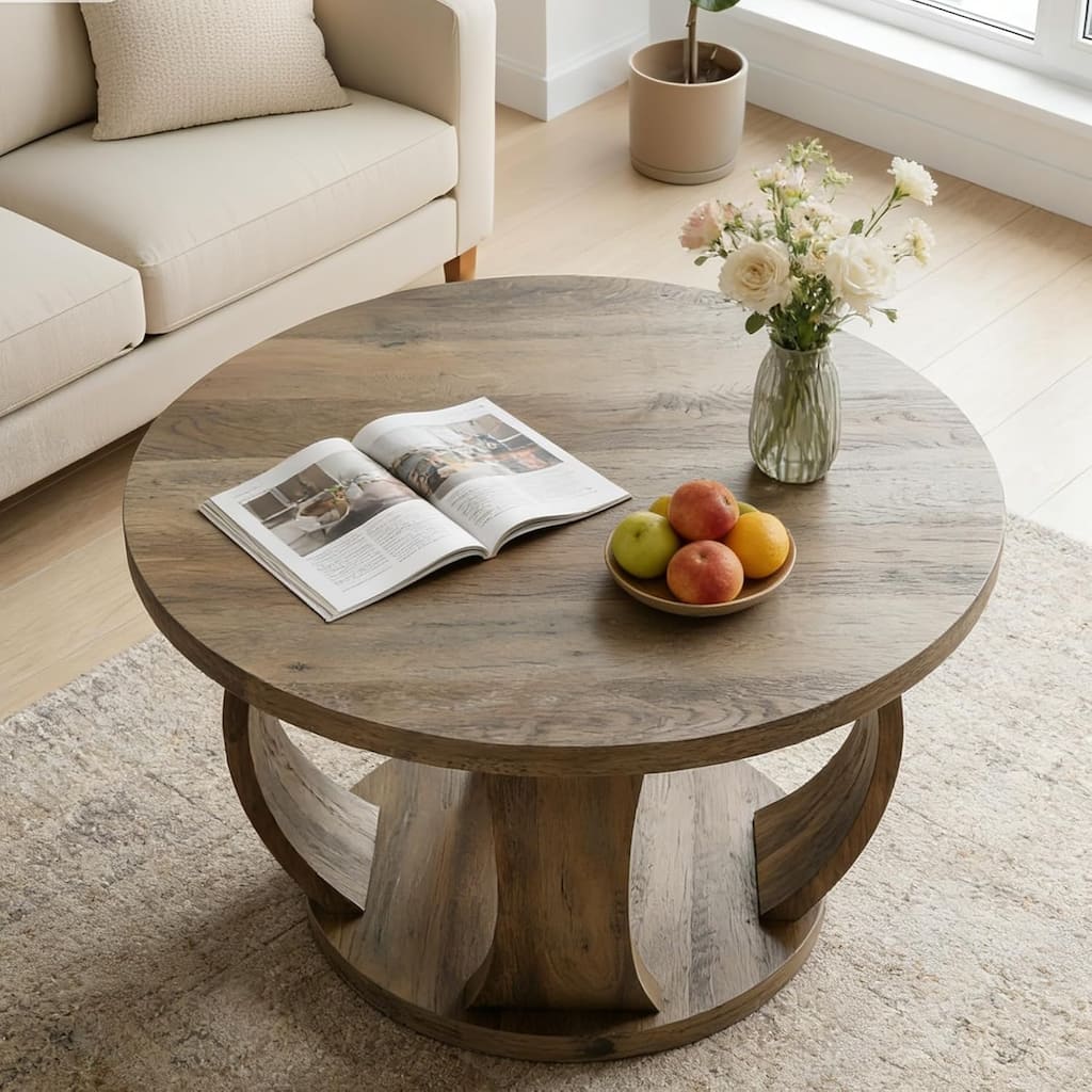 Round Coffee Table, 2-Tier Coffee Table with Storage, Wooden Center Table for Living Room, Apartment, Small Space