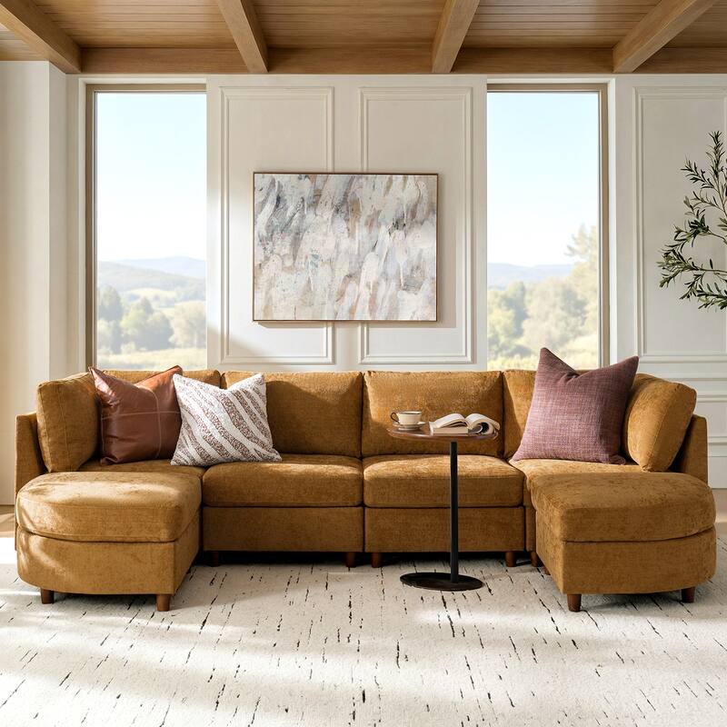 Mattia 125" Modern Under-seat Storage Sectional Sofa with Round Table and Solid Wood Legs by HULALA HOME