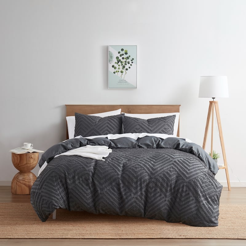 Nestl Boho Tufted Embroidery Double Brushed Duvet Cover with Button Closure - Gray - Patterned Jewel - Queen