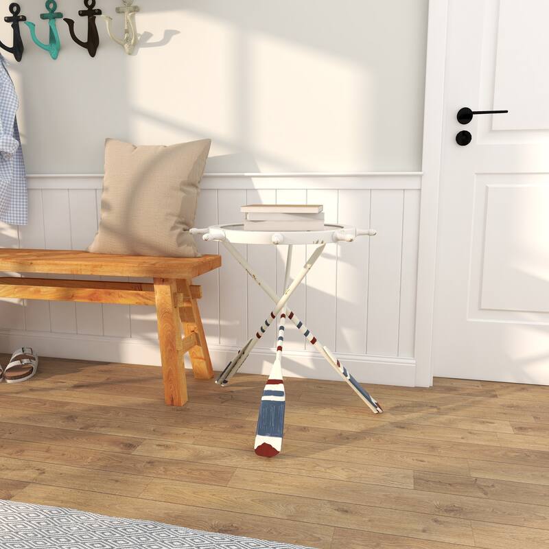 White Metal Ship Wheel Top Accent Table with Oar Shaped Legs
