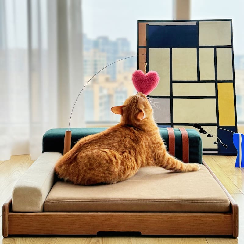 Modern Wooden Pet Bed for Cats & Dogs, Oak Veneer, Scratch-Resistant Fabric, Removable Cushion