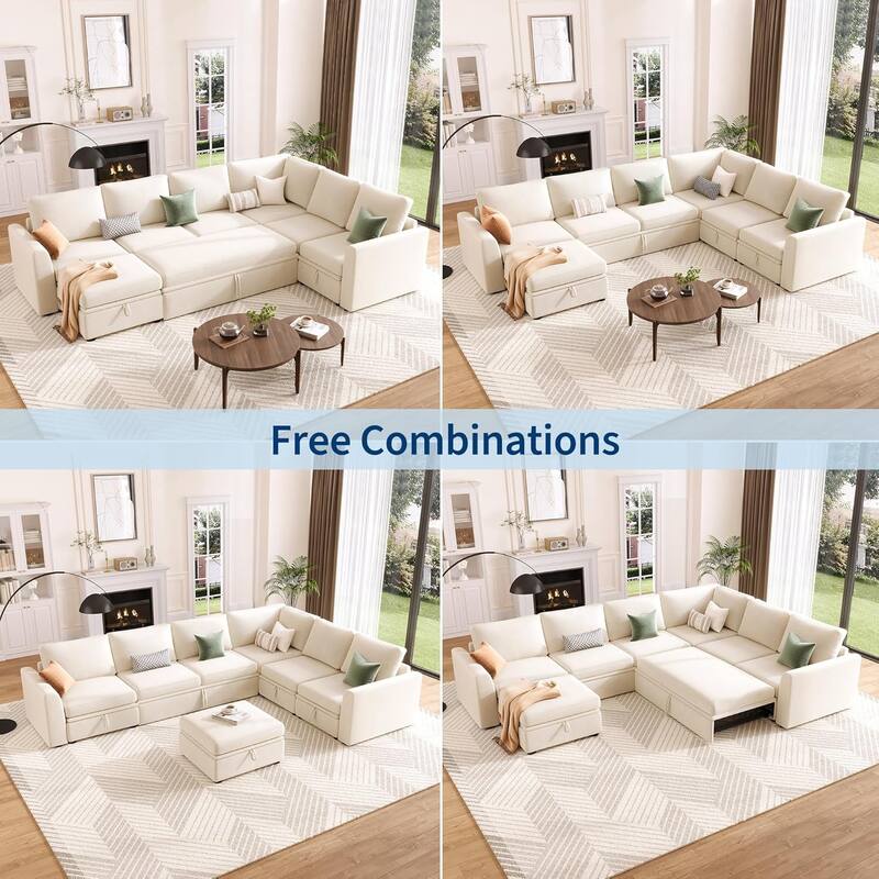 U Shaped Sectional Sleeper Sofa with Pull Out Bed, Chenille Modular Sectional Sofa