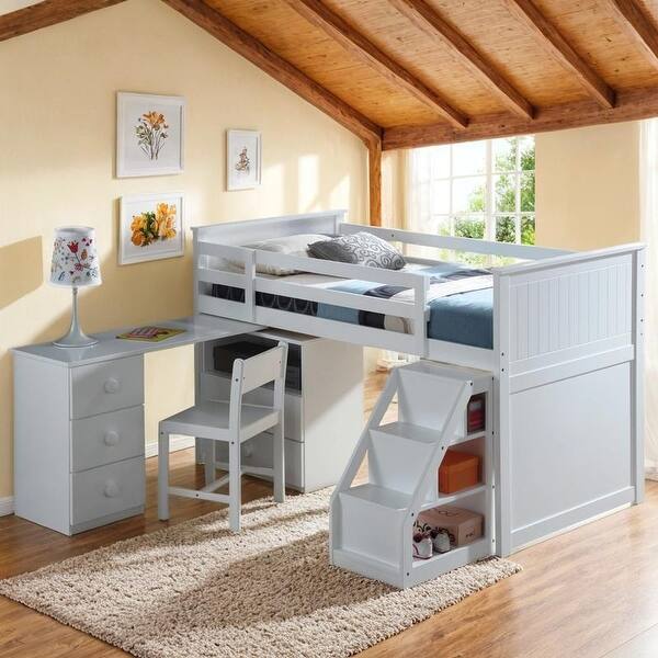 slide 2 of 6, Twin Loft Bed Set with Multi-Functional Storage & Desk White