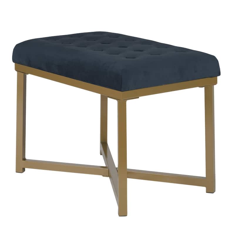 Metal Framed Bench with Button Tufted Velvet Upholstered Seat - 17.5 H x 24 W x 16 L Inches - Blue and Gold