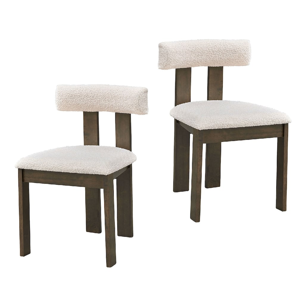 2 PCS Wooden Dining Chairs, Modern Boucle Upholstered Mid Century Side Chairs with Open Back