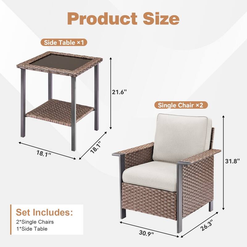 Pocassy Outdoor Wicker 3-Piece Patio Chair with Side Table