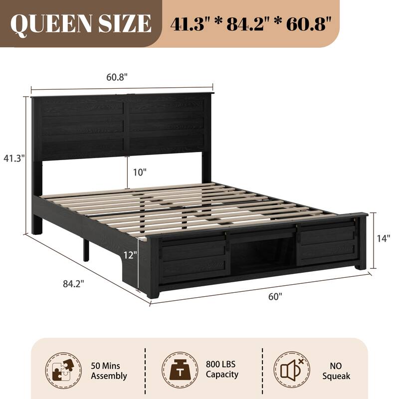 Roomfitters Bed Frame with Upholstered Headboard, Storage Headboard, Charging Station, Wood Platform