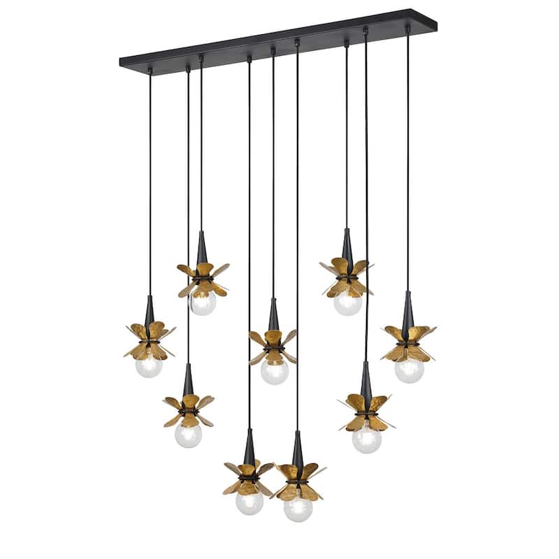 Portinatx 9-Light Linear Chandelier in Satin Black with Hammered Gold