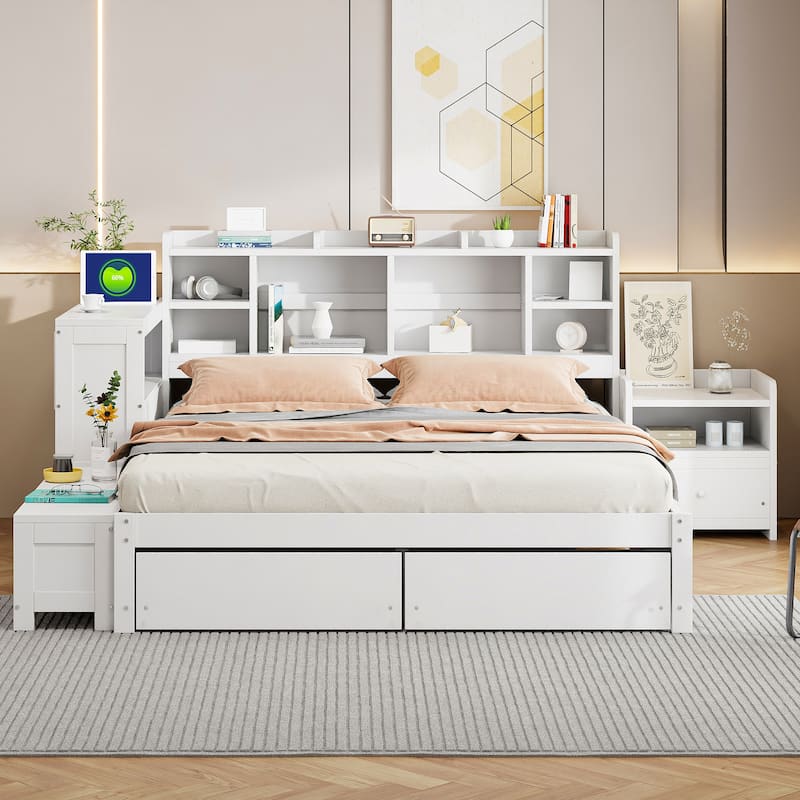 Full Size Wooden Platform Bed with Desk, Nightstand, Storage Drawers, USB Ports, and Headboard Storage
