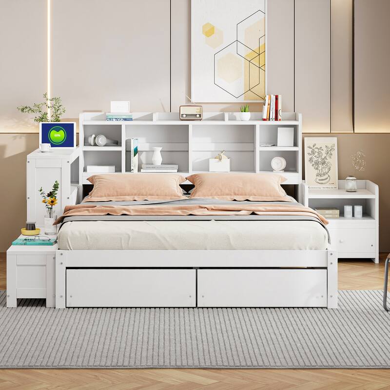 Gray Full Size Platform Bed with Integrated Desk, Nightstand, Storage Drawers & USB Ports - Multi-functional Design