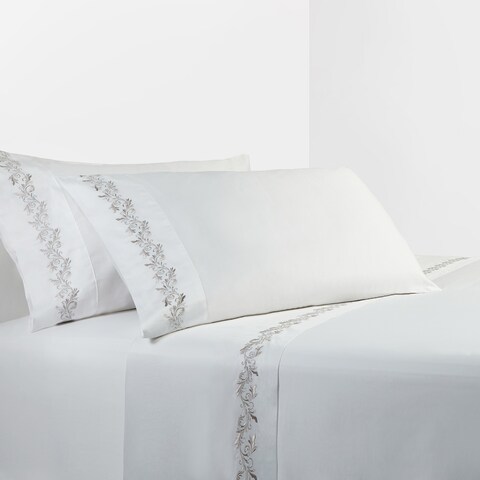 350 TC White Sheet Set with Gray Scroll Embroidery