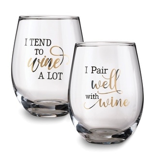 Curata Lillian Rose Wine a Lot Set of 2 Stemless Wine Glasses with ...