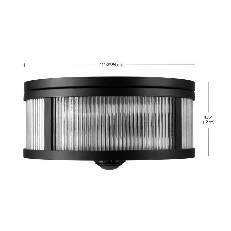 2-Light Matte Black Motion Activated Outdoor Flush Mount Ceiling Light with Ribbed Glass Shade and Frosted Glass Lens - 11"