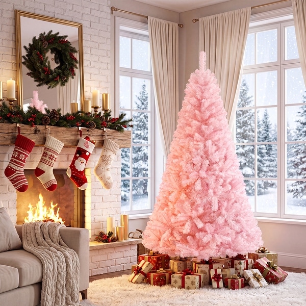 Gymax 6ft/ 7ft Pink Classic Pine Christmas Tree Artificial Hinged