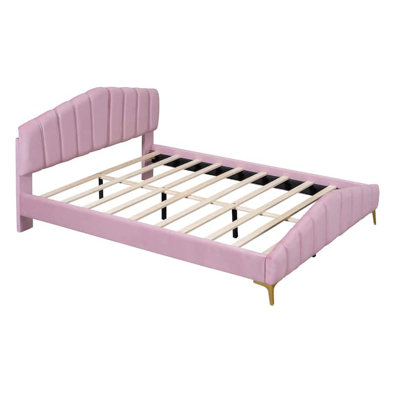 Queen Size Velvet Platform Bed with Metal Bed Leg