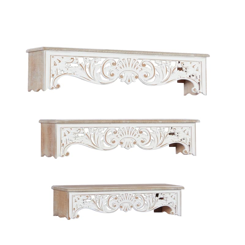 Wooden Scroll Carved 3 Shelves Wall Shelf - Set of 3 Cream - Roche River Decor - 7"W x 28"L x 6"H