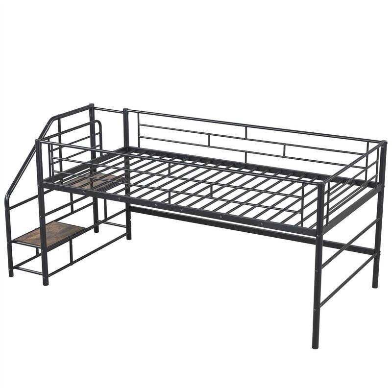 Twin Size Mid Loft Bed with Storage Stairs, Heavy Duty Metal Loft Bed Frame with Guardrails, Kids Playhouse Bed with Slats