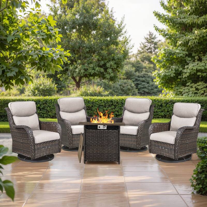 Outdoor Swivel Glider Chair Patio Chairs with 5-Inch Thick Cushions - Brwon Wicker Beige Cushion - 5 Pieces Swivel Chairs Fire Table