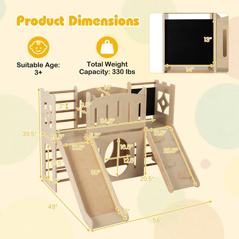 Wooden 8 in 1 Kids Indoor Playset with Slide Climbing Ramp Chalkboard and Storage Castle Activity Center for Toddlers