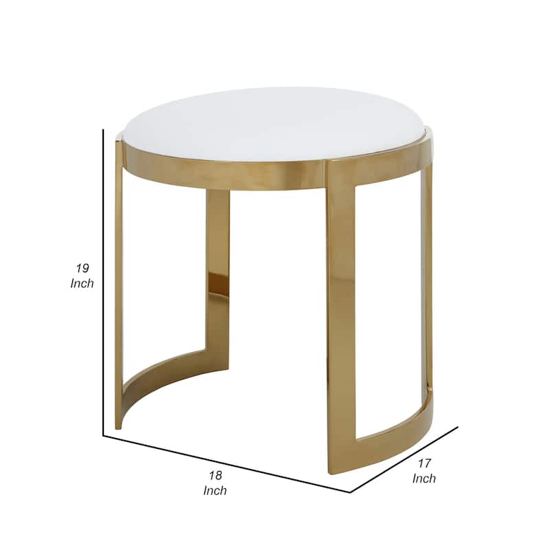 Niyo 19 Inch Accent Stool Ottoman, Round Cushioned White Faux Leather, Gold