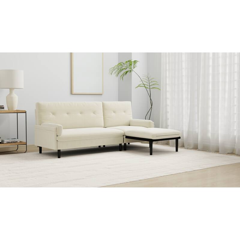 Ivory 80.7" Multi-Functional Adjustable Corduroy 3-seater Sofa, Convertible L-Shaped Sofa and Guest Bed