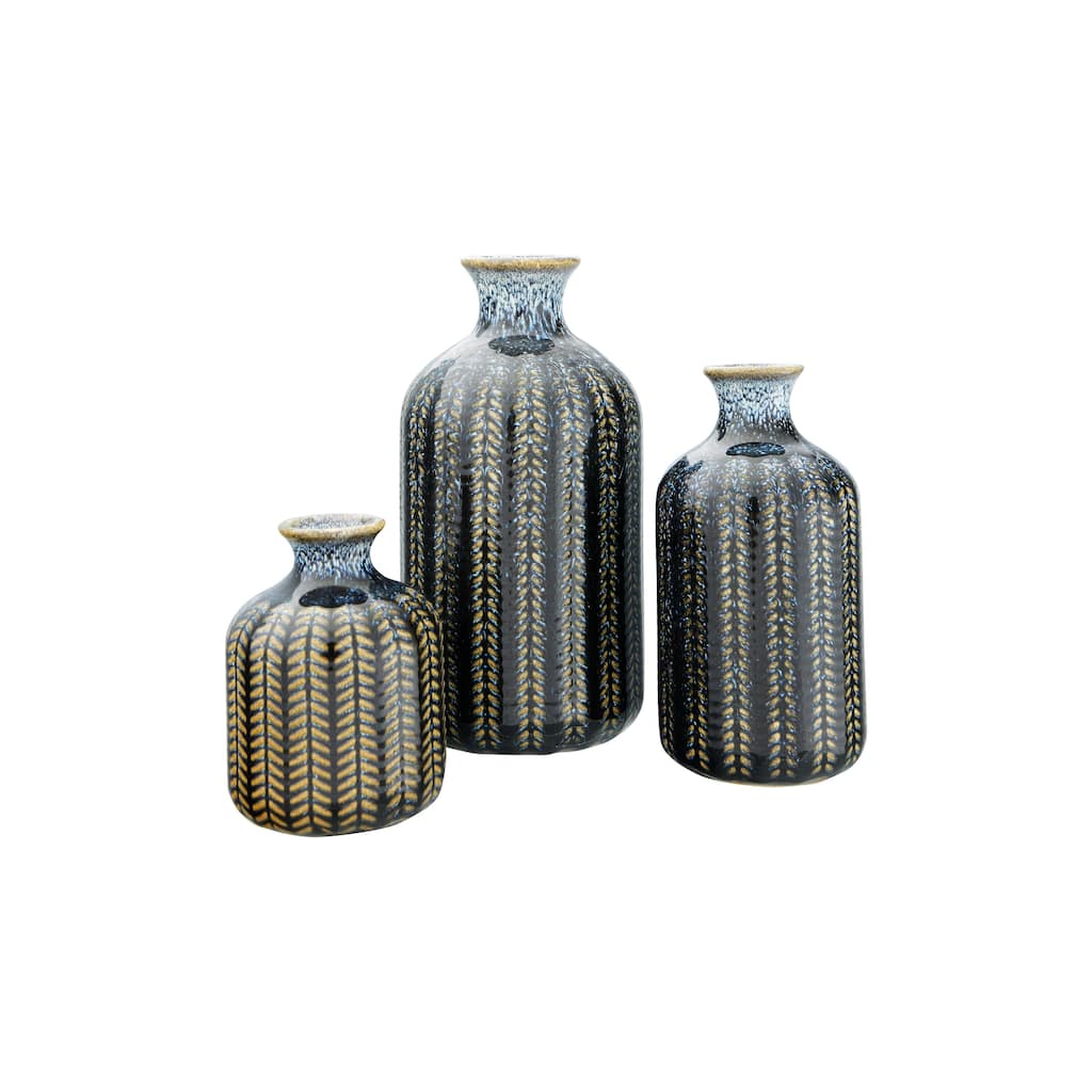 Embossed Stoneware Vase with Vertical Lines and Reactive Glaze Finish