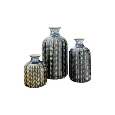 Embossed Stoneware Vase with Reactive Glaze Finish (Set of 3 Sizes)