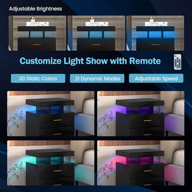Costway LED Nightstand Set of 1/2 with 2 Storage Drawers Adjustable