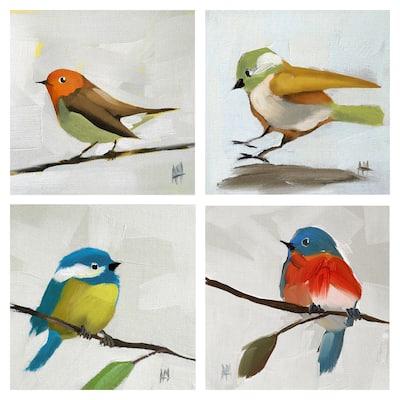 Bluebird No. 21, Chickadee No. 143, Coming in for a Landing, Robin on a Wire by Angela Moulton Canvas Art Prints