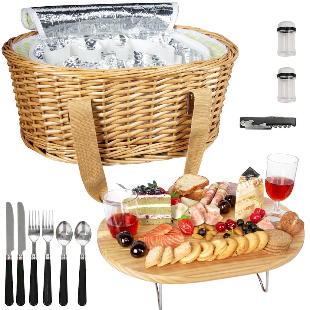 Wicker Picnic Basket Set for 2 with Mini Folding Wine Picnic Table & Large Insulated Cooler Bag & Cutlery Service Kits