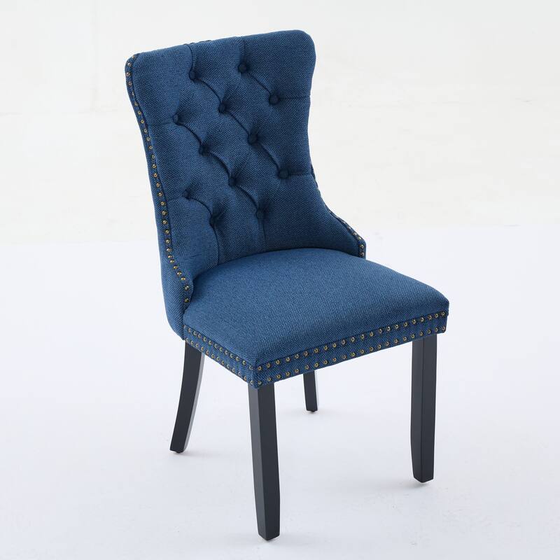 Set of 2 Linen Upholstered Dining Chair with Wood Legs, Nailhead Trim