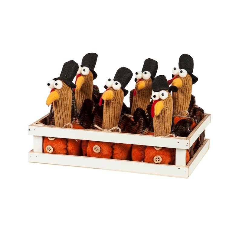 5" Fabric Turkey Table Decor in 6 piece Wooden Tray