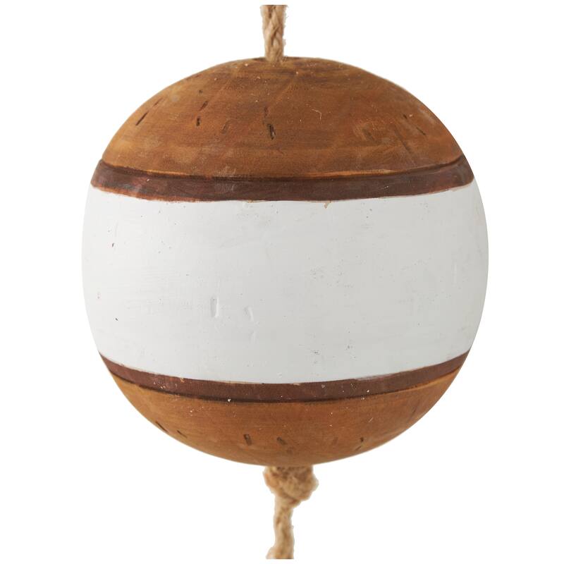 Brown Wood Two-Toned Striped Hanging Buoy Home Wall Decor with White Accents and Jute Rope