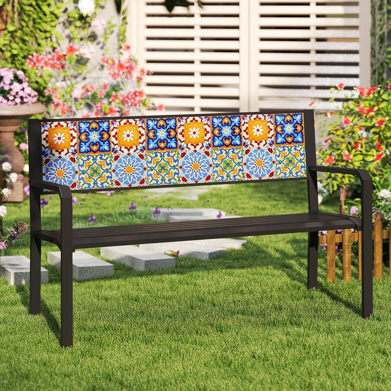 Gymax 50'' Patio Metal Bench Classic Slatted Loveseat for 2-3 People