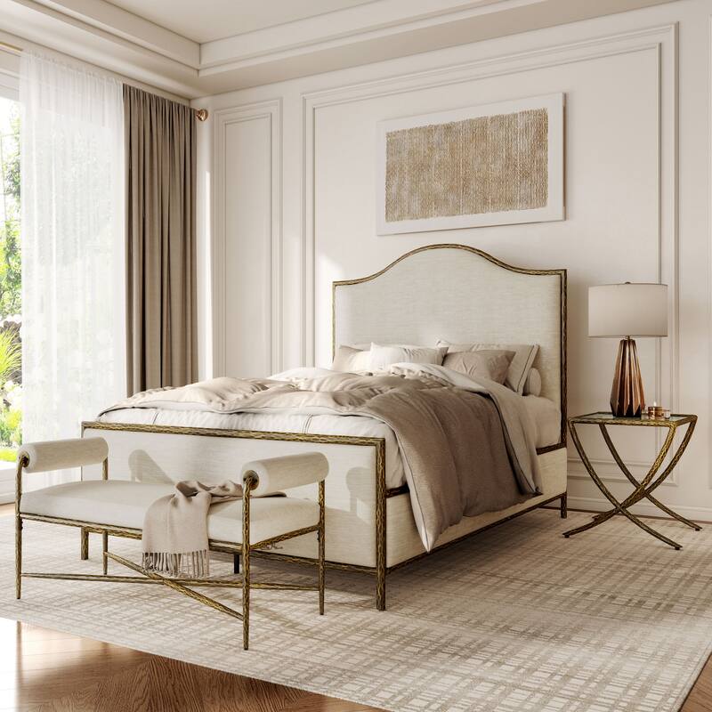 247 Shop At Home Lalia Modern 3-Piece Upholstered Hammered Metal Camelback Bedroom Set with Nightstand and Bench