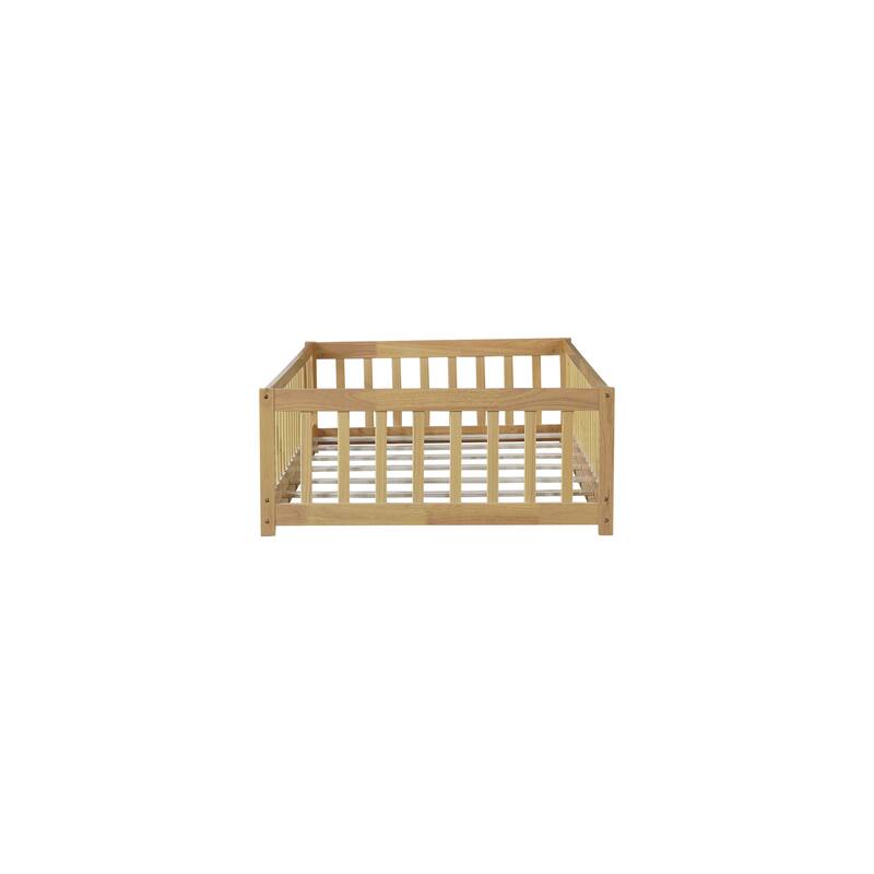 Twin Size Natural Rubber Wood Floor Bed with Safety Fence and Door