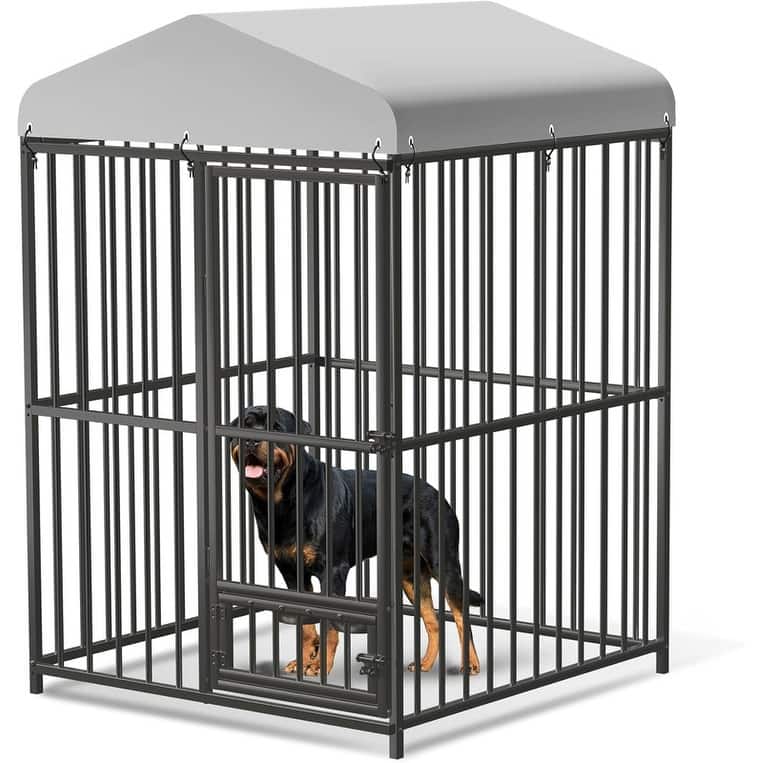 Dog Cage Kennel with Rotating Feeding Bowl Waterproof Roof Cover - 4*4*6FT
