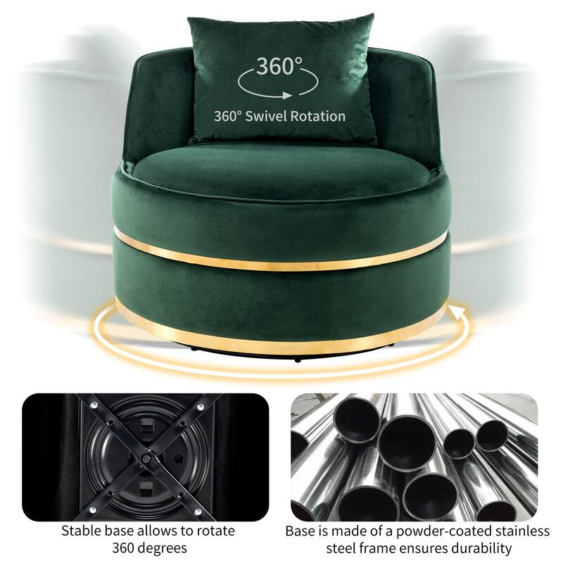 360° Swivel Accent Chair, Velvet Round Barrel Chair, Leisure Sofa Chair with Gold Rim Base, Padded Seat & Throw Pillows
