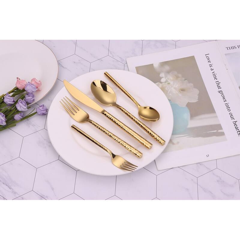20 Pc Flatware Set Pebbled Gold - Service For 4
