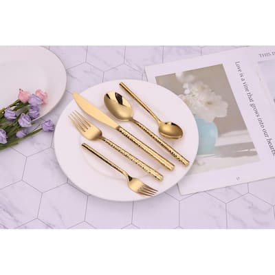 20 Pc Flatware Set Pebbled Gold - Service For 4