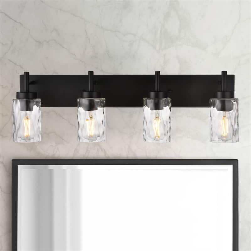 4-Light Black Vanity Light with Hammered Glass - Matte Black