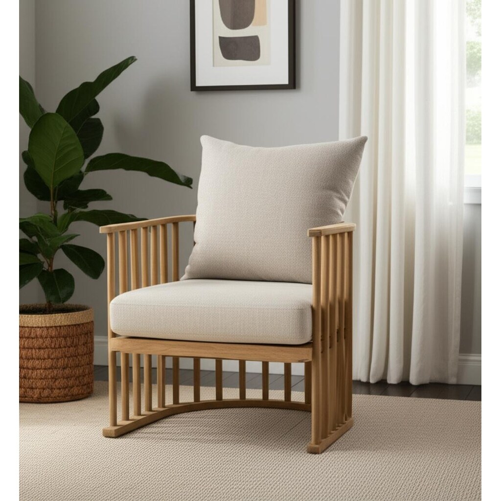 HomeRoots 31" Beige and Natural Upholstery and Solid Wood Barrel Chair - 30.51 in. x 37.20 in. x 30.12 in.