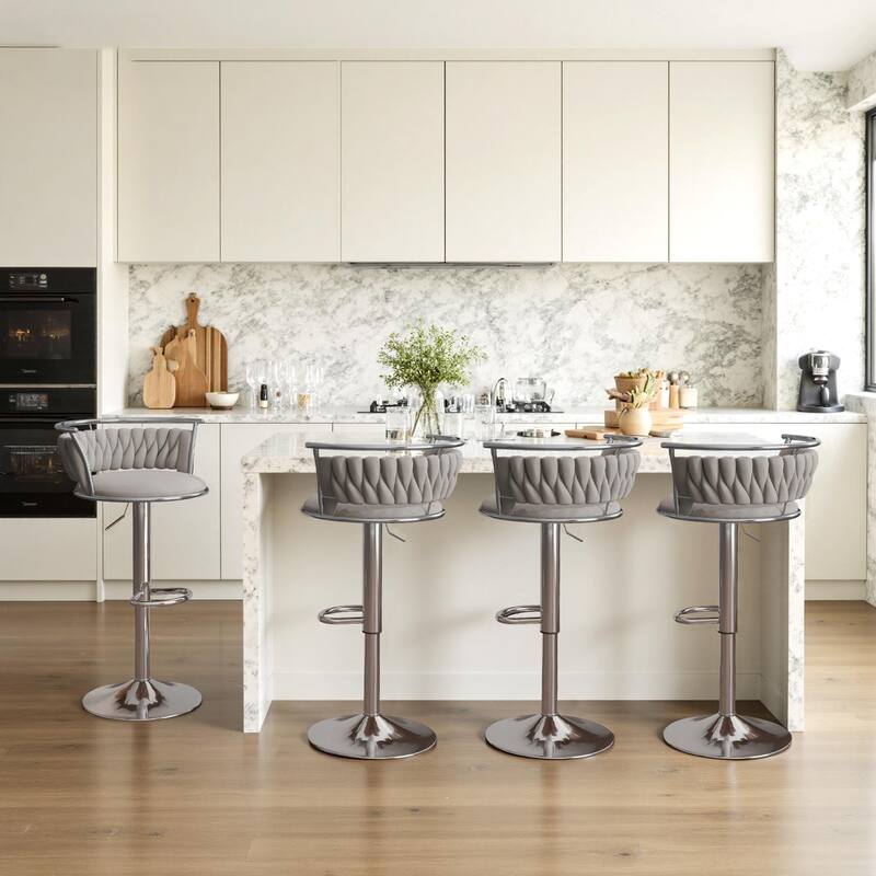 Velvet Upholstered Adjustable Bar Stool Swivel Counter Chair Set of 2 - Grey/Silver - Set of 4
