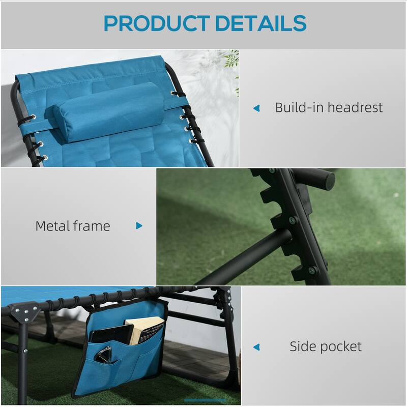 Set of 2 Outdoor Folding Chaise Lounge Chair with 5-Position Recline, Headrest and Side Pocket for Beach Patio or Camping