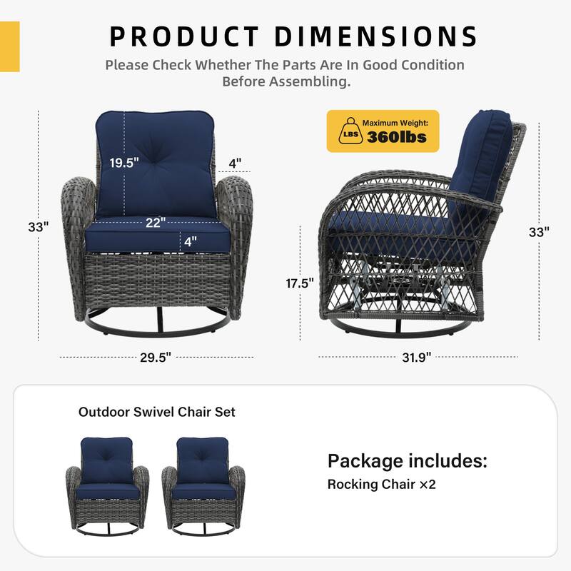 UPHA Wicker Outdoor Rocking & Swivel Chair 2-Piece Set with Cushions
