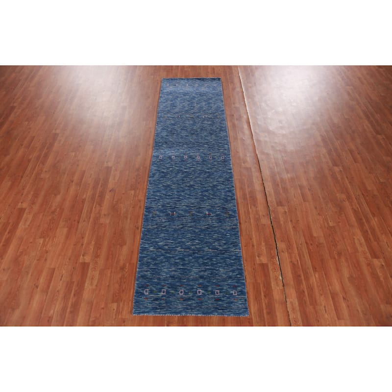 Hand Knotted Oriental 100% Wool Carpet Tribal Tribal Navy Blue & Blues Gabbeh Runner Rug - 9' 9'' X 2' 7''