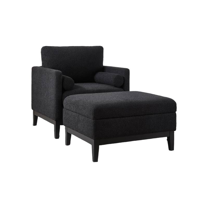35" Farmhouse Style Boucle Single Sofa Accent Chair with Storage Footstool, Natural Wood Legs for Living Room, Office