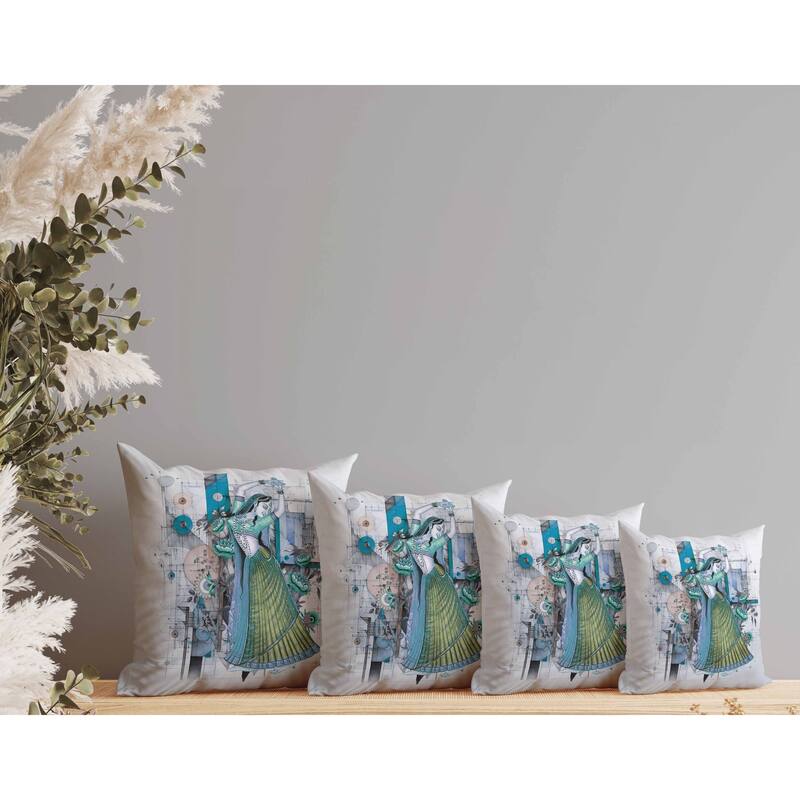 Gracefully Dancing Woman Faux Suede Reversible Throw Pillow Green and Blue