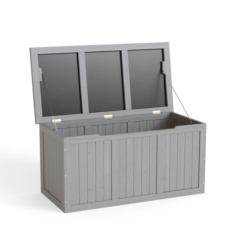 67 Gallon Wooden Deck Box Solid Wood Storage Box Seat & Table Top for Patio Furniture Cushions, Pool Toys & Garden Tools - Grey