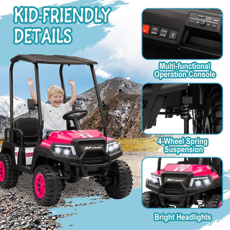24V XL Kids Ride On Electric Truck with 4 Seats, Remote Control, Dual Motors, Suspension, Bluetooth Audio & Removable Sunshade
